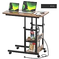 Height Adjustable C Shaped End Table with Charging Station, Mobile Laptop Side Table with USB Port and Wheels, Sofa Couch Table with 2-Tier Storage Shelve for Living Room Bedroom, Rustic Brown