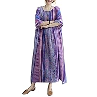 Versear Women Cotton Linen Floral Dress Loose Vintage Dress Oversized Summer Dress Maxi Dress Casual Robes Pockets