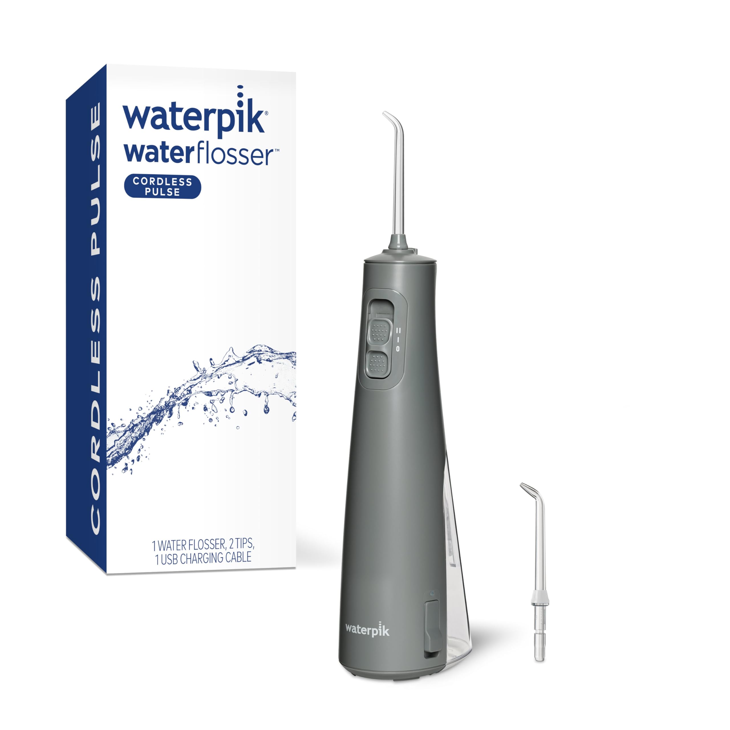 Waterpik Cordless Pulse Rechargeable Portable Water Flosser for Teeth, Gums, Braces Care and Travel with 2 Flossing Tips, Waterproof, ADA Accepted, WF-20 Gray