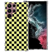 Phone Case for Samsung Galaxy S22 Ultra 5G, Yellow Black Grid Plaid Regular Lattice Checkered Checkerboard Cute Shockproof Protective Anti-Slip Soft Clear Cover Shell