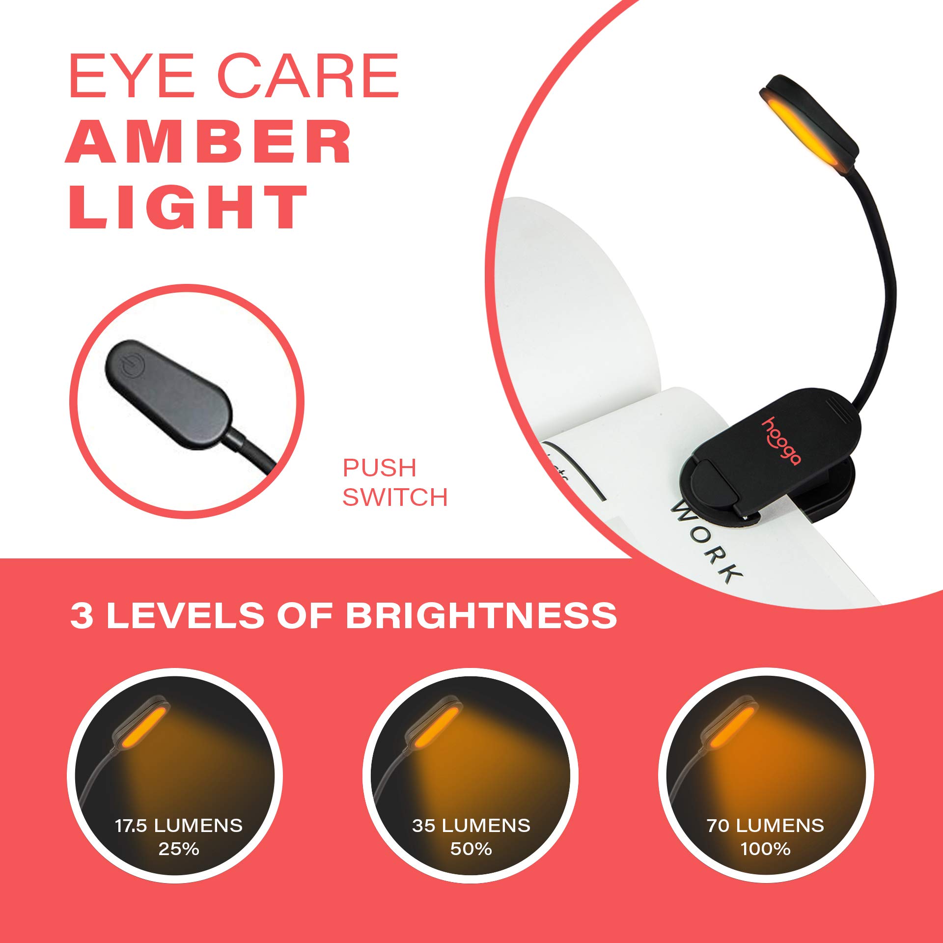 hooga Book Light, Rechargeable Clip On Blue Blocking Amber LED Light for Reading in Bed. 1600K Color. Eye Care Light for Strain-Free, Healthy Eyes. Gift for Students, Kids, Travel, Nursing, Studying.