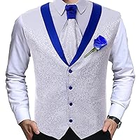 Groom White Royal Blue Rim Floral Suit Vest Mens Slim Fit V-Neck Tuxedo Waistcoat for Prom Wedding Banquet (Color : White, Size : XXX-Large)