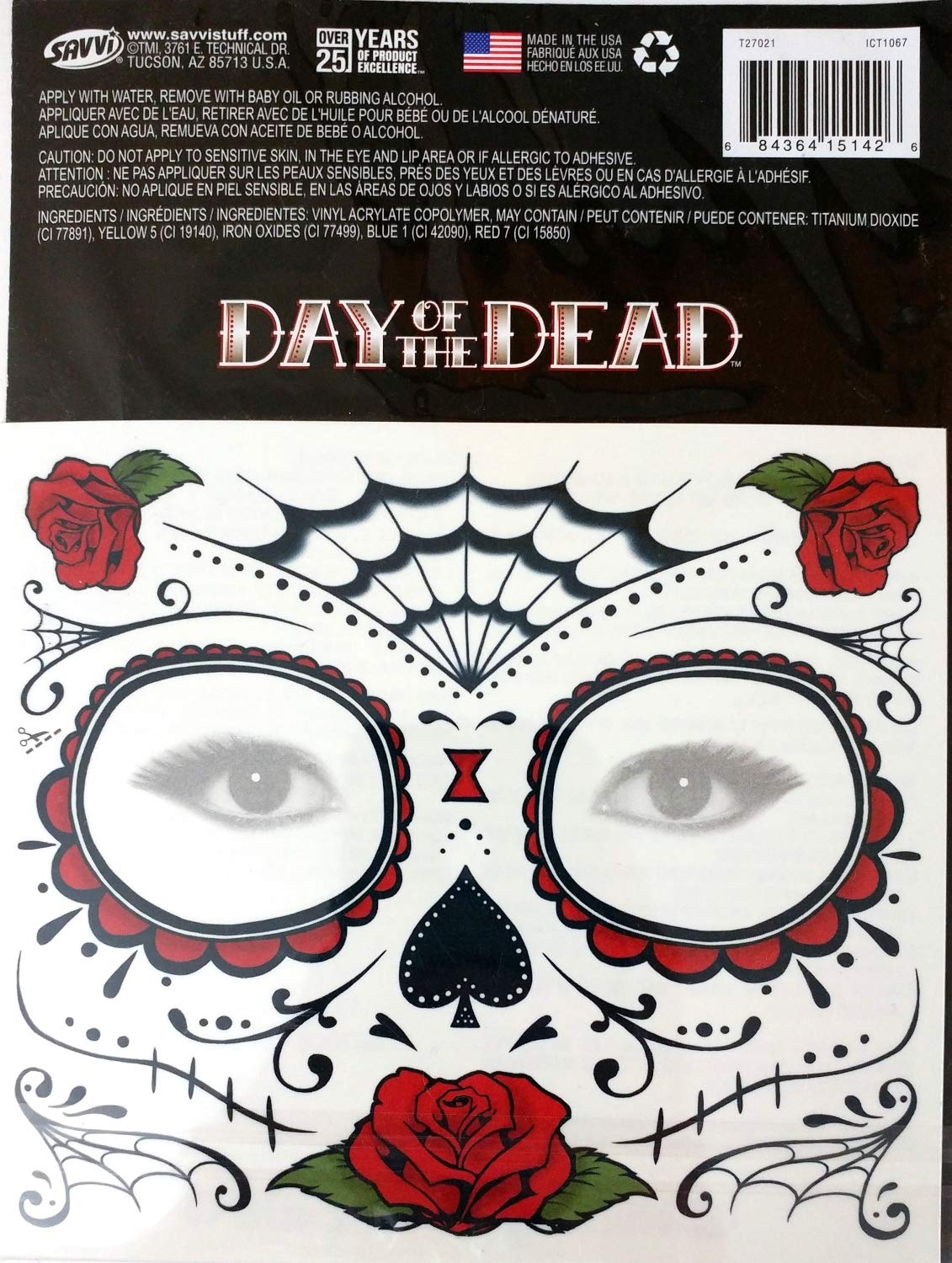 Red Roses Day of the Dead Sugar Skull Temporary Face Tattoo Kit - Pack of 2 Kits