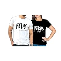 PSQURMART Customize High Gloss Printed Couple T-Shirt | Round Neck Half Sleeves T-Shirt for Unisex | Mr & Mrs T-Shirt