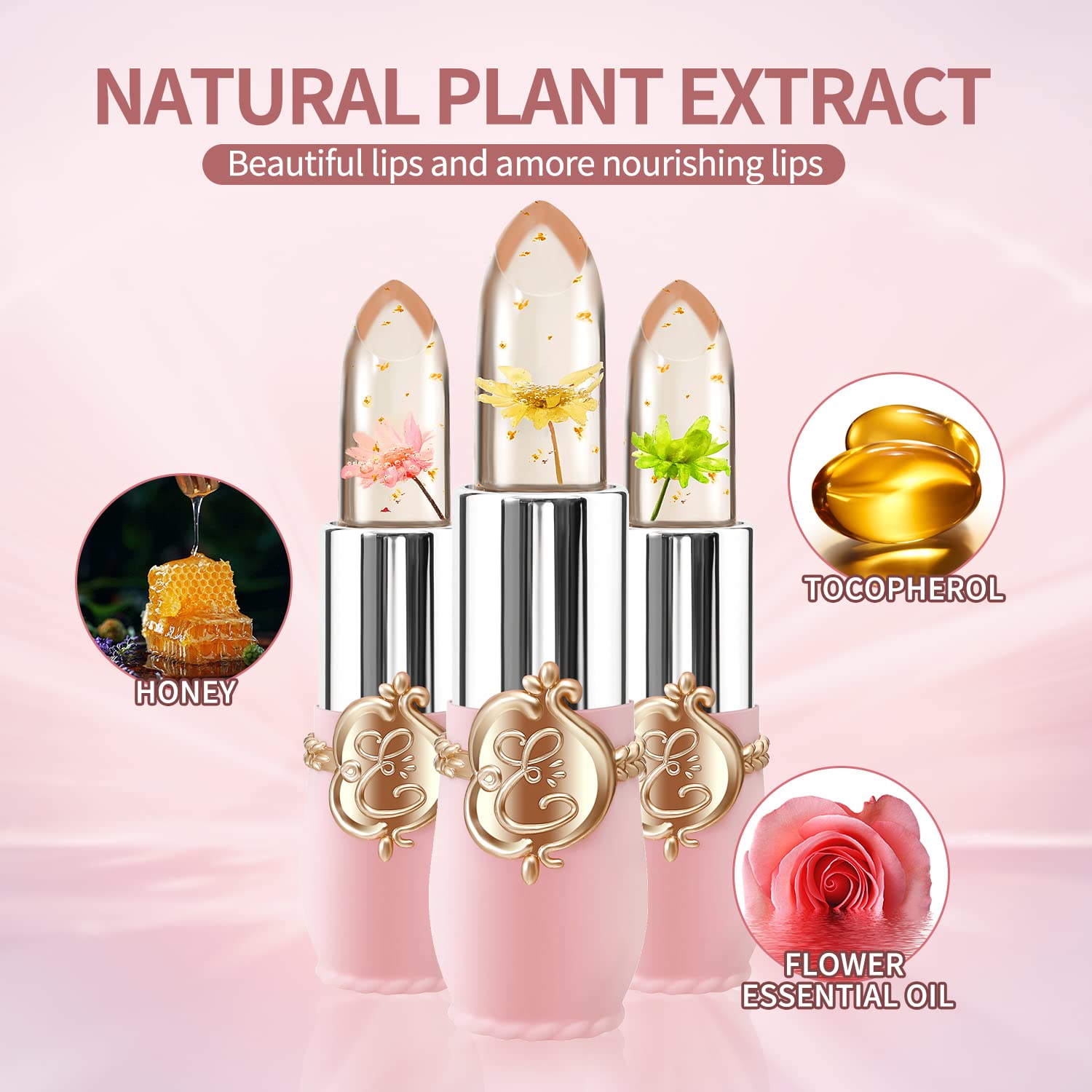 3 Pcs/Set Flower Jelly Lipstick Set Temperature Change Moisturizer Long Lasting Nutritious Balm Magic Color Change Lip Gloss (3Pcs Flower Jelly Lipstick B)