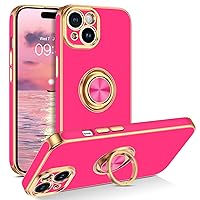 GUAGUA Compatible with iPhone 15 Case 6.1 Inch with 360° Ring Holder Kickstand Magnetic Car Mount Supported Slim Soft TPU Shockproof Protective Edge Plating Case for iPhone 15, Hot Pink
