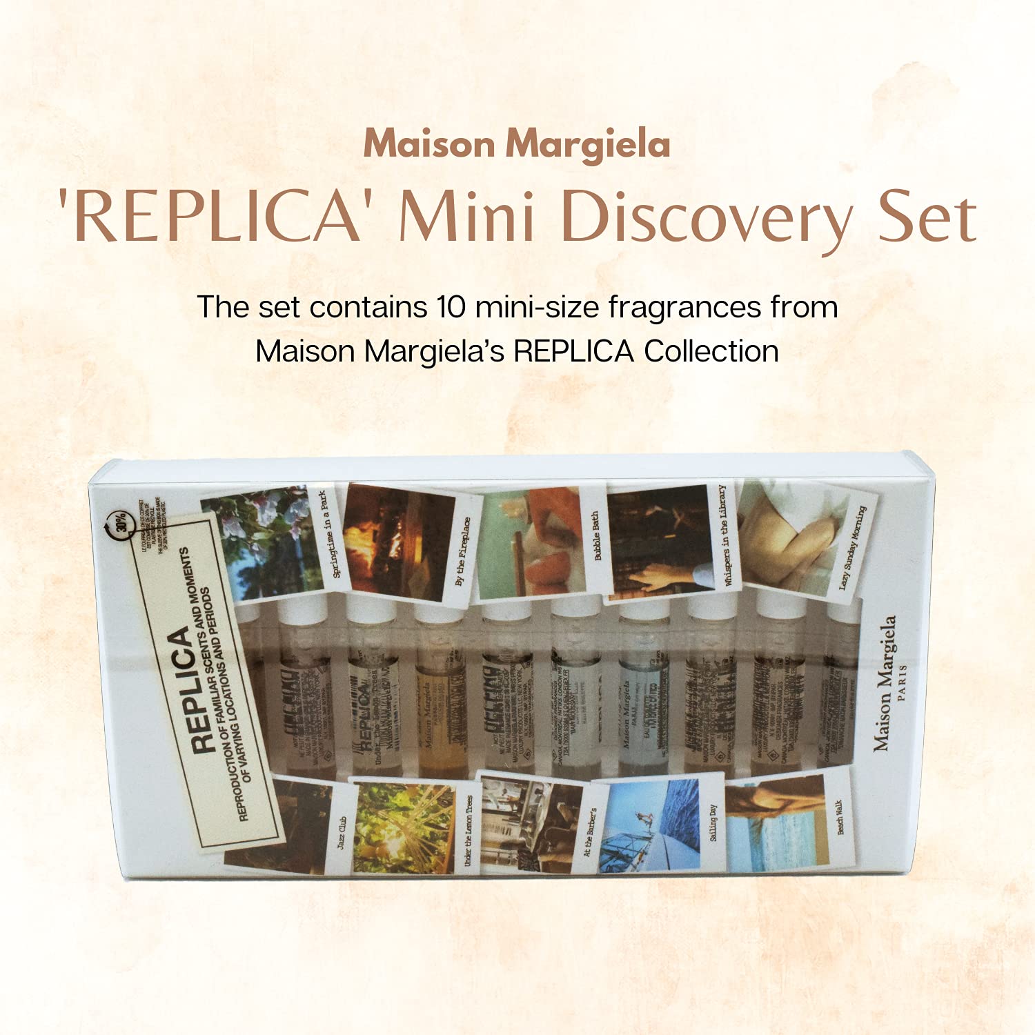 Maison Margiela Replica Memory Discovery 10 Vial Parfum Sampler Set - By The Fireplace, Jazz Club, Under the Lemon, Whispers In Library, Bubble Bath, Lazy Sunday Morning, Springtime In Park, Beach Walk, At the Barber's