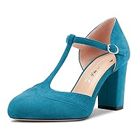 Castamere Women Chunky Block High Heel Round Toe Pumps T-Strap Buckle Wedding Office 3.3 Inches Heels