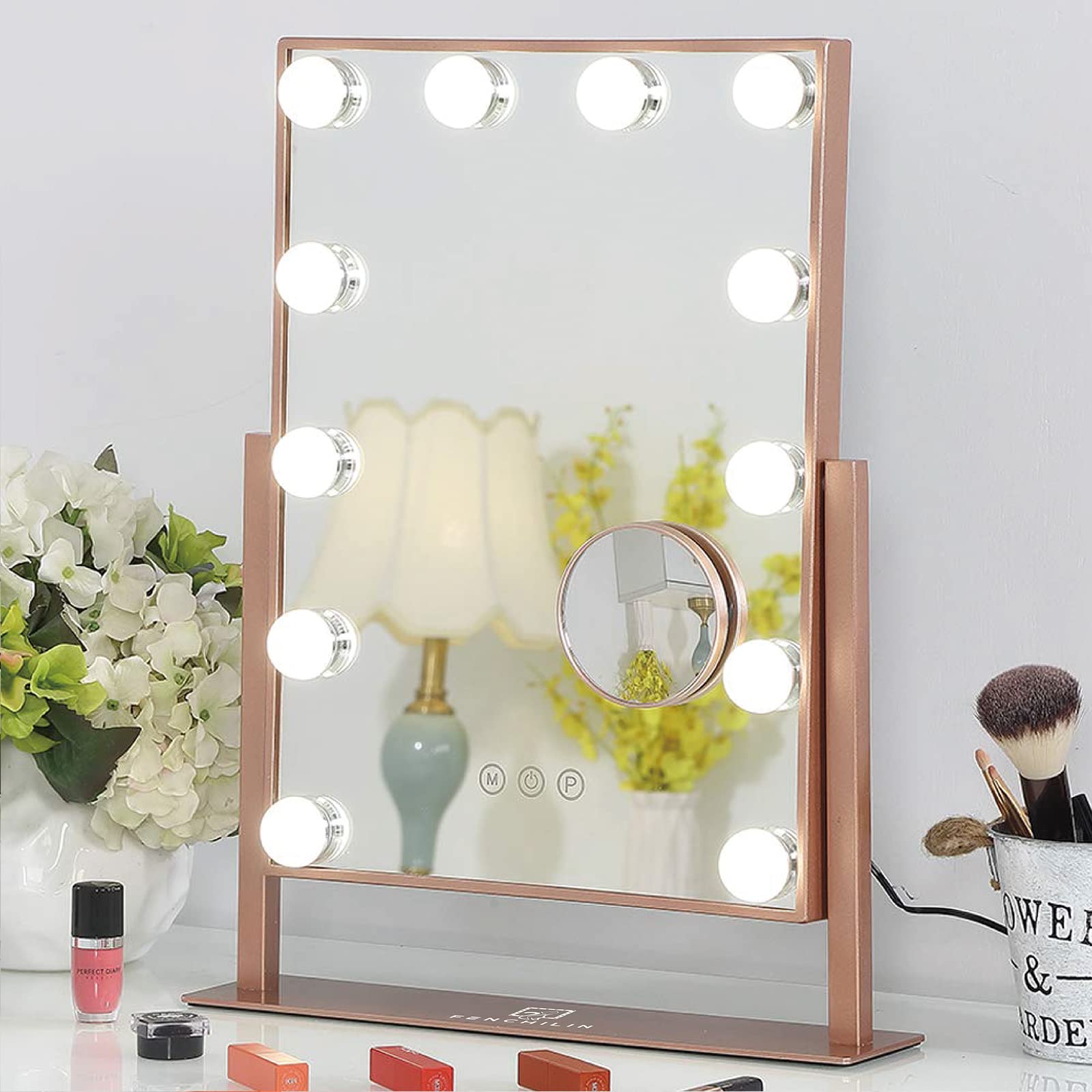 FENCHILIN Lighted Makeup Mirror Hollywood Mirror Vanity Makeup Mirror with Light Smart Touch Control 3Colors Dimable Light Detachable 10X Magnification 360°Rotation(Rose Gold)