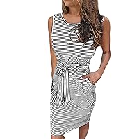 Women's Solid Color Crewneck Sleeveless Fringe Lace-up Dress with Pockets Fashion Summer Casual Strip Dresses