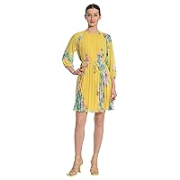 Maggy London Women's Floral Printed Raglan Sleeve Dress with Pleated Trapeze Body and Spaghetti Waist Tie