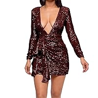 Women's Sequin Sparkly Party Dress Cocktail Bodycon Glitter Dresses Long Sleeve Sexy V Neck Ruched Dress