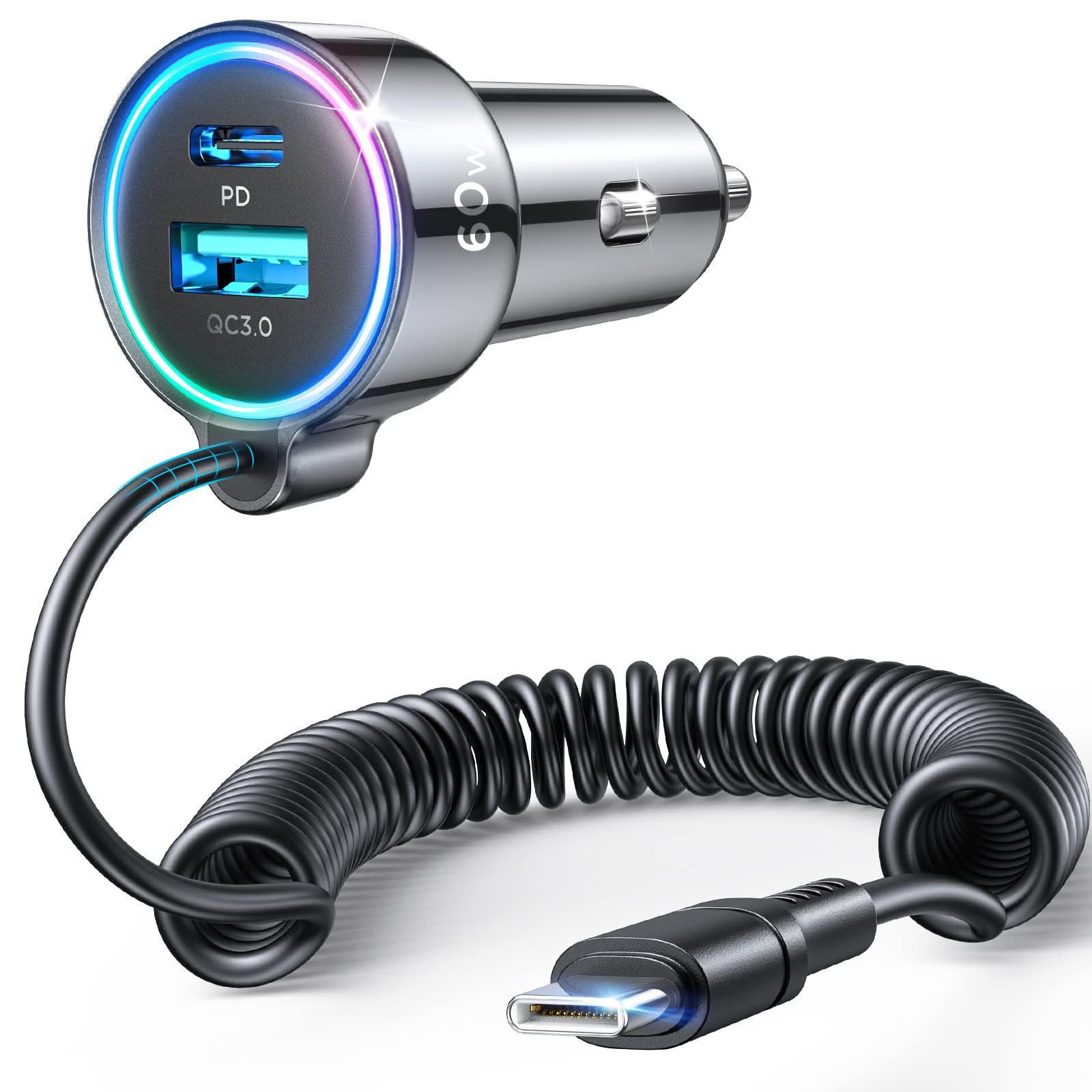 USB C 60W Super Fast Car Charger PD& QC3.0 with 5ft 30W Type C Coiled Cable, Car Charger for Samsung Galaxy S23/S22/S21/Google Pixel/Moto/LG/Android, iPad Pro