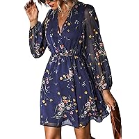 Women's Floral Print Chiffon A-Line Mini Dress Long Peasant Sleeves