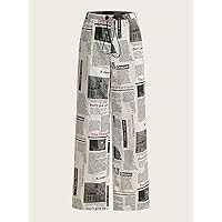 Dresses for Women - Newspaper Print Drawstring Waist Wide Leg Pants (Color : Multicolor, Size : X-Small)