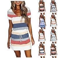 Women's Summer Boho Casual Loose Sling Sleeveless Stripe Contrasting Colors Mini Dress Sun Beach with Pockets