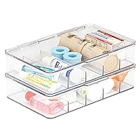 mDesign Plastic Divided First Aid Storage Box Kit with Hinge Lid for Bathroom, Cabinet, Closet - Organize Medicine, Ointments, Adhesive Bandages - 5 Sections, Ligne Collection, 2 Pack - Clear