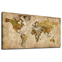 Vintage World Map Wall Art Canvas Picture Large Antiqued Map of The World Canvas Painting Artwork Prints for Office Wall Decor Home Living Room Decorations Framed Ready to Hang 20