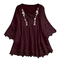 Women's Boho Peasant Embroidered Shirt Lace Up Long Sleeve Tops Gauze Floral Graphic Ruffle 3/4 Sleeve Clothes Spring