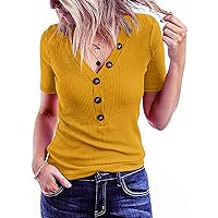 MEROKEETY Women's Short Sleeve V Neck Ribbed Button Tops Basic Solid Color Tee Shirts
