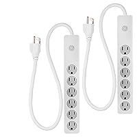 GE 6-Outlet Surge Protector, 2 Pack, 2 Ft Extension Cord, Power Strip, 450 Joules, Heavy Duty Plug, Twist-to-Close Safety Covers, UL Listed, White, 54625