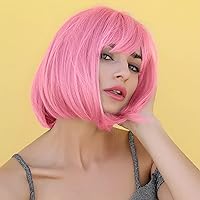 Pink Bob Wig - Short Pink Straight Bob Wigs with Bangs for Women, Colorful Short Hair Wig, Cute Synthetic Wig for Cosplay, Daily, Halloween (12inch)