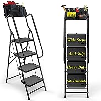 Heavy Duty 4 Step Foldable Ladder with Handrails, Attachable Tool Bag & Anti-Slip Wide Pedal Ladders for Indoor Hanging Paintings, Cleaning High Ledge&Ceiling,Fan, 300 Pound Capacity