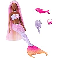 Barbie Mermaid Doll, Brooklyn' with Pink Hair, Styling Accessories, Dolphin Friend and a Function That Changes Color to Water, HRP98