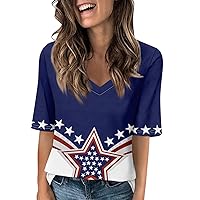 Dressy Casual American Flag Shirts 4Th of July 2024 Patriotic Star Stripes Vneck Short Sleeve T-Shirts Tops for Women