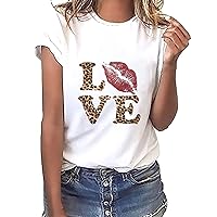 Love Letter T-Shirts Women Valentine's Day Leopard Print Lipprint Graphic Short Sleeve Tops Casual Crewneck Tee