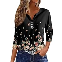 Womens 3/4 Sleeve T Shirts V Neck Button Up Tops Blouses Casual Plus Size Boho Tops Gradient Summer Tee Shirts