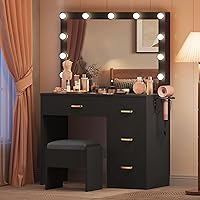Makeup Vanity Table, Vanity Desk Set with Large Mirror, LED Lights with Adjustable Brightness, Bedroom Vanity Table with 4 Drawers and Cushioned Stool for Women Girls, Carbon Black