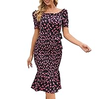 Wellwits Women's Shirred Ruffle Ditsy Floral Print Midi Cocktail Vintage Pencil Dress