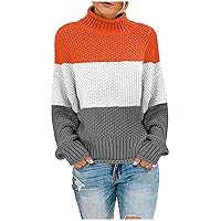 Women Turtleneck Sweaters Casual Long Sleeve Cable Chunky Color Block Oversized Knit Pullover Tops Fashion Fall Outfits