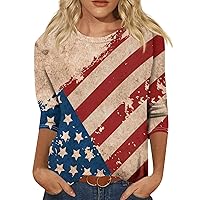 Fourth of July Shirts for Women Patriotic 3/4 Length Sleeve Summer Tops Crew Neck Blouses Flag and Stars Graphic Tees