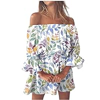 Women Summer Off The Shoulder Ruffle Mini Dresses Flounce Short Sleeve Strapless A Line Short Dress Floral Boho Dress
