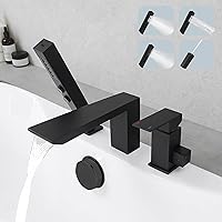 Hoimpro Matte Black Bathtub Faucet Set, Deck Mount Brass Roman Waterfall Spout Bath Tub Faucet with Valve, 3 Holes Widespread Tub Filler with Pull Out 4 in 1 Hand Shower Handheld Sprayer