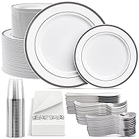 700 Count Silver Dinnerware Set-200 White and Silver Plastic Plates-Set of 300 Silver Plastic Silverware-100 Silver Plastic Cups-100 Disposable Hand Towel-Disposable Silver Dinnerware