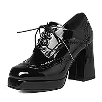 Wingtip Oxford Heels for Women Patent Leather Chunky High Heels Ankle Booties Square Toe Lace Up Pumps Shoes Black,Size 9.5