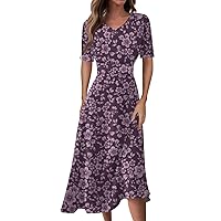 Short Sleeve Dresses for Women 2024, Summer Casual Loose Short Floral Print Flowy Hem Beach Long Dress Cotton Casual Maxi Dresses with Sleeves Bow in Back Plus Dresses Casual (XL, Dark Purple)