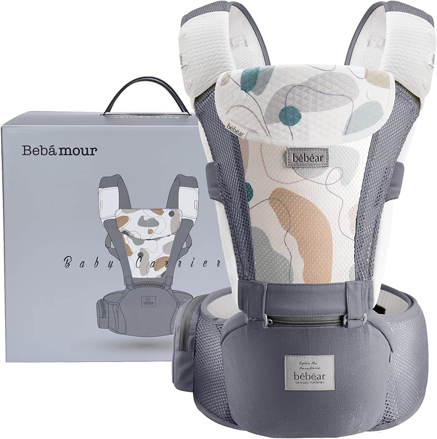 Bebamour Baby Carrier Newborn Front and Back Carry Baby Carrier Newborn to Toddler Baby Hip Carrier with Head Hood & 3 Pieces Teething Pads (New Grey)