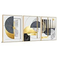 3Pcs Abstract Canvas Wall Art Framed, Large Grey Black and Gold Foil Wall Decor, Nordic Luxury Gold Framed Painting Print, Geometric Art Poster for Living Room Bedroom Home Hallway Decor 16x24inch