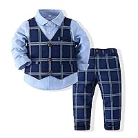 Boys’ Plaid Button Down Polyester Casual Dress Shirt Slim Fit +Vest+Pant Outfits