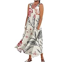 Linen Womens Dress Sleeveless Maxi Spring Sundress Women Nice Business Loose Fitting Ruched Thin Stretch Floral Tunic Woman Gray Small