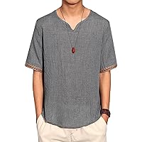 Men's Fashion Cotton Linen Shirt Solid Color Hippie Beach Tee Top Retro V-Neck Short Sleeves