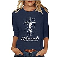 Todays Daily Deals Clearance 2024 Easter Shirts for Women Jesus Faith Cross Graphic 3/4 Sleeve Tunic Tops Christian Religious Gift Sweatshirt Tshirt Spring Summer Workout Crewneck Pullover Blouses