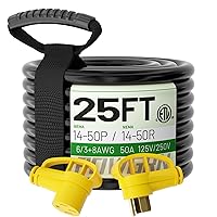 50 Amp RV/EV Extension Cord 25 FT Outdoor with Grip Handle, Flexible Heavy Duty 6/3+8/1 Gauge STW 4 Prong RV Power Cord Waterproof with Cord Organizer, NEMA 14-50P to 14-50R, Black-Yellow, ETL