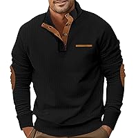 Men's Corduroy Sweatshirts Mock Neck Pullover Sweaters With Elbow Patches Lapel Collar Button Up Long, M-3XL