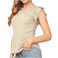 Crochet Plain T Shirts for Ladies Summer Fall Ruffle Cap Sleeve Crewneck Slim Tunic Tops Shirt Women 2024