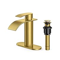 FORIOUS Single Hole Bathroom Faucet Gold, Single Handle Waterfall Bathroom Sink Faucet with Supply Line, Brushed Gold Bathroom Faucet with Metal Pop Up Drain, 1 Hole Vanity Faucet for Bathroom Sink